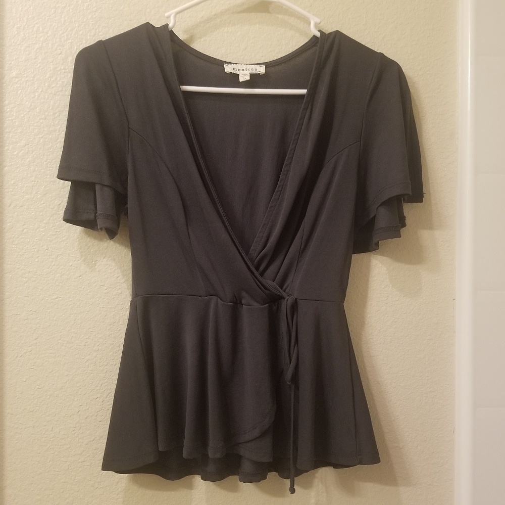 Monteau wrap blouse. Charcoal Grey size small